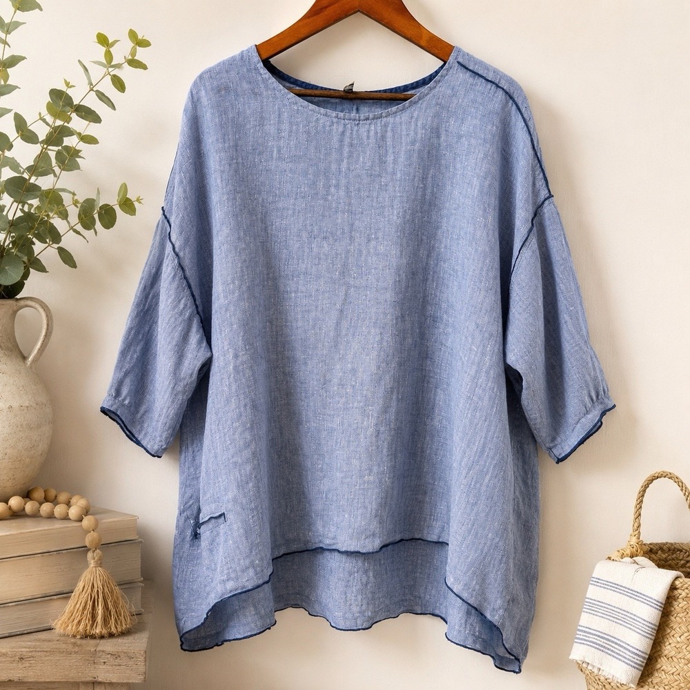 Camille & Co Blue 100% Linen Tunic Top Women's Oversized Hi Low Boat Neck